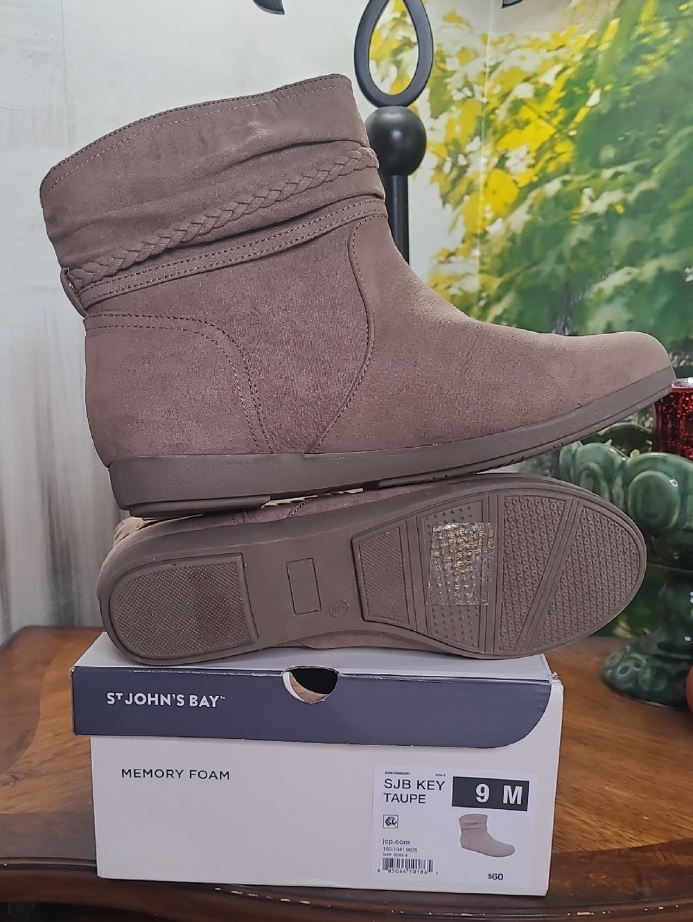 New in box! St Johns Bay Kenzie Womens 9 Taupe Suede Braided Ankle Booties - Picture 6 of 7
